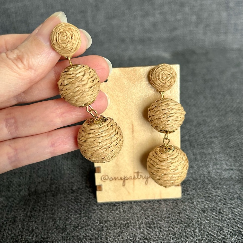 Rattan Covered, Dangling Drop Sphere Stud Earrings, Tan, Gold - Picture 14 of 17